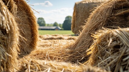 Poster - View of straw bales in a green agricultural field under a blue sky with clouds Copy Space