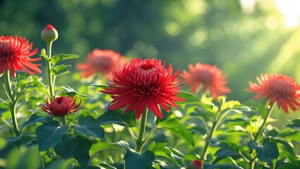 Aufkleber - Vibrant red chrysanthemums blooming in a lush green garden with soft natural lighting and blurred background Copy Space