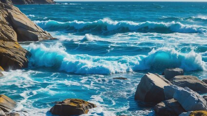 Poster - Waves crashing on rocky coastline under bright blue sky with clear water and foam creating dynamic ocean scene Copy Space