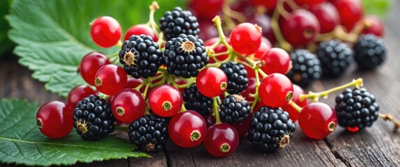 Aufkleber - Fresh blackberries and red currants displayed on rustic wooden background with green leaves Copy Space