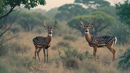Aufkleber - Two spotted deer with antlers standing in a grassy field surrounded by trees and soft evening light Copy Space