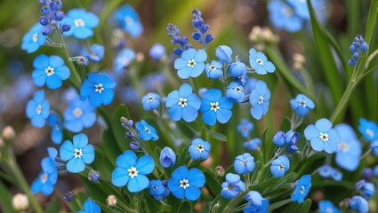 Aufkleber - Blue forget-me-not flowers blooming in a lush green garden with selective focus and vibrant colors Copy Space