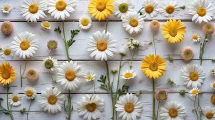 Fototapete - Assorted white and yellow daisies arranged on a wooden background with ample copy space for text placement