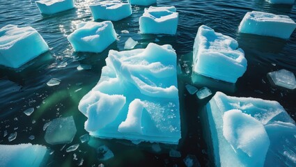 Poster - Floating icebergs in a clear blue ocean with sunlight reflecting on the water surface and scattered ice chunks Copy Space