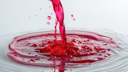 Aufkleber - Red liquid pouring into water creating ripples and splashes with bubbles on a light background Copy Space