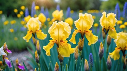 Poster - Yellow iris flowers in bloom with vibrant green foliage in garden setting during sunny day with blurred background and copy space