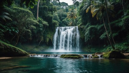 Canvas Print - Lush tropical waterfall cascading into serene turquoise pool surrounded by dense green jungle with palm trees and misty atmosphere Copy Space