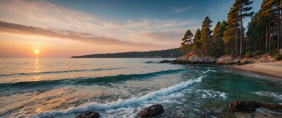 Aufkleber - Coastal landscape at sunset with waves, sandy beach, pine trees and rocky shore, natural serene environment with calm ocean, Copy Space