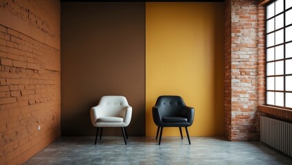 Aufkleber - Modern interior with two stylish armchairs in a minimalistic setting featuring brown and yellow walls and large window providing natural light Copy Space