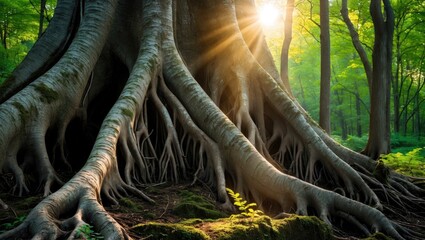 Aufkleber - Large tree roots in a lush green forest with sunlight filtering through trees surrounding the roots Copy Space