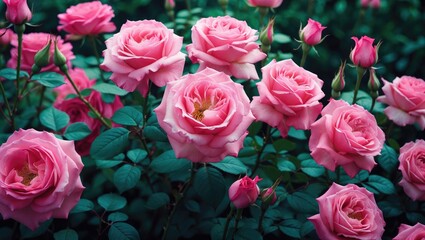 Aufkleber - Pink roses in full bloom surrounded by lush green foliage creating a vibrant garden scene with Copy Space for text placement