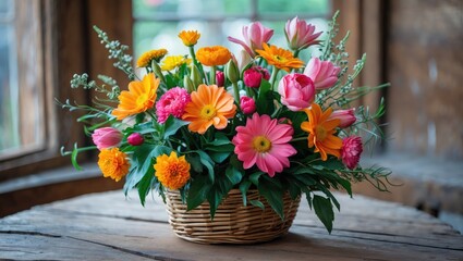 Fototapete - Colorful bouquet of flowers in a wicker basket on a wooden table beside a window with natural light Copy Space
