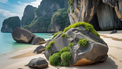 Aufkleber - Rocky Beach Landscape with Lush Greenery and Calm Turquoise Water in a Tropical Environment Copy Space