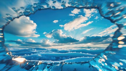 Aufkleber - Ice frame view of a cloudy sky over frosty landscape with soft lighting and serene atmosphere Copy Space