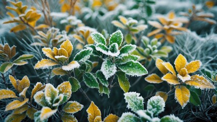 Poster - frost covered green and yellow leaves in a snow-dusted garden with blurred background and copy space