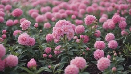 Poster - Pink peony flower field in full bloom with lush green foliage Copy Space