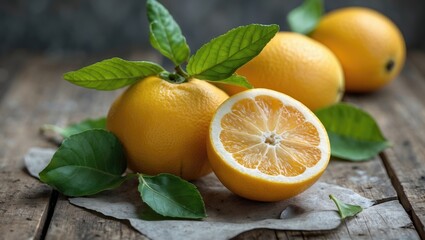 Aufkleber - Fresh yellow lemons on rustic wood surface with green leaves and sliced lemon, showcasing vibrant color and natural textures, Copy Space