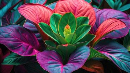 Aufkleber - Colorful tropical foliage with vibrant pink and green leaves arranged artistically in close-up view with Copy Space