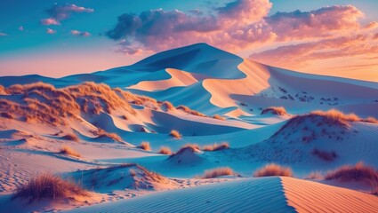 Aufkleber - Colorful sunset over sand dunes with pink and orange light and fluffy grass in desert landscape Copy Space