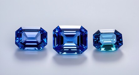 Poster - Three elegant blue gemstones of varying sizes displayed on a clean surface with soft lighting and shallow depth of field Copy Space