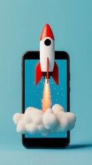 Poster - A vibrant image showcasing a colorful rocket launching out of a smartphone screen, surrounded by fluffy clouds and a bright blue background that signifies innovation.