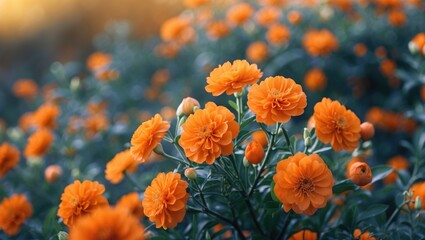Aufkleber - Bright orange marigold flowers in full bloom surrounded by lush green leaves natural botanical background with copy space for text
