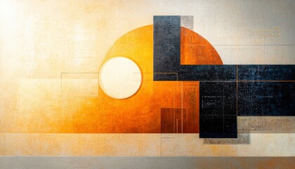 Poster - Abstract Geometric Composition with Orange Sun and Black Shapes in Textured Background