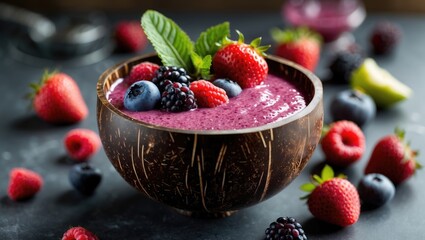 Aufkleber - Bowl of mixed berry smoothie topped with fresh strawberries blackberries blueberries and mint leaves on dark countertop with assorted berries surrounding it Copy Space