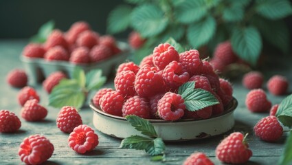 Poster - fresh ripe raspberries arranged on wooden table with green leaves and shallow bowls, natural light, 