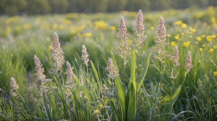 Aufkleber - Tall grass and wildflowers in a meadow with soft sunlight creating a natural landscape scene Copy Space