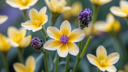 Aufkleber - Vibrant close-up of yellow and purple flowers in a garden with blurred background and green foliage Copy Space