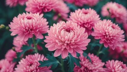 Poster - Pink chrysanthemums in full bloom with lush green foliage captured in a vibrant garden setting with Copy Space.