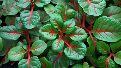 Poster - close-up of vibrant green foliage with red veining intricate patterns natural background copy space