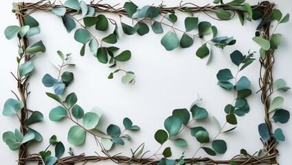 Poster - eucalyptus leaves arranged in a natural frame design on a white background with space for text copy 