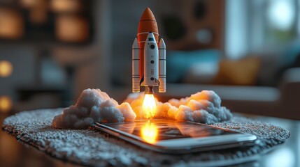 Poster - An intense visual of a rocket launching explosively from a smartphone, surrounded by clouds and bright flames, capturing the essence of progress and ambition in technology.