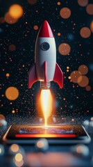 Poster - A dazzling rocket takes off amidst a backdrop of sparkling lights and dynamic textures, emphasizing the excitement of new beginnings and innovation in the digital age.