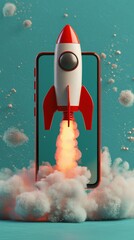 Poster - A bright, stylized rocket erupts from the screen of a phone, surrounded by animated clouds and sparks, symbolizing innovation and the power of ideas taking flight.