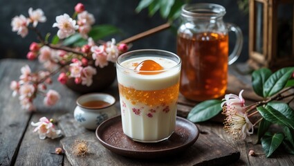 Poster - traditional dessert with fruit jelly layer in glass, tea pot, and cherry blossoms on rustic wooden t