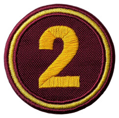 embroidered number two patch in maroon with golden yellow border on transparent background