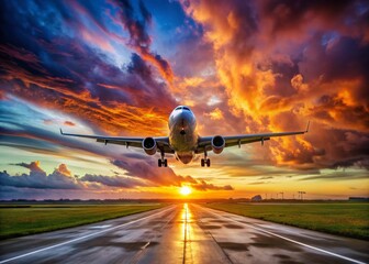 Wall Mural - Sunrise Jet Landing: Dramatic Sky, Airplane Touchdown, Rule of Thirds Composition