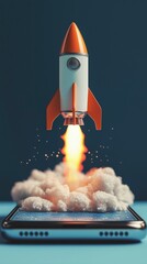 Poster - A vibrant rocket launches dramatically from a smartphone screen, surrounded by clouds, symbolizing innovation and the endless possibilities of technology and imagination.