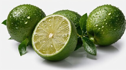 Poster - fresh green limes with water droplets and leaves on a white background showcasing a halved lime and 