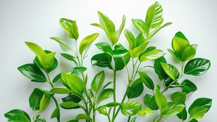 Poster - green leaves arrangement on white background with natural lighting and ample copy space for text ins