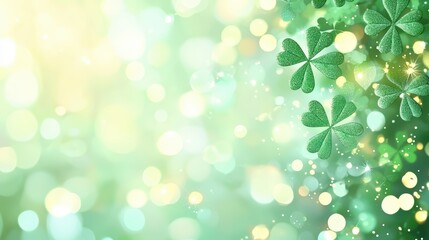 Wall Mural - A vibrant green background featuring clovers and soft bokeh lights, evoking a fresh and festive atmosphere.