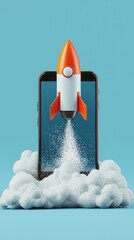 Poster - An eye-catching image featuring a rocket spouting plumes of smoke, launching from a smartphone, capturing the essence of technology and imagination in a creative landscape.