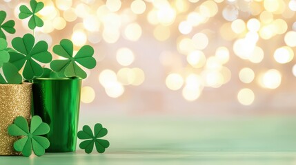 Wall Mural - A festive arrangement of green shamrocks in shiny pots, set against a dreamy bokeh background, perfect for St. Patrick's Day celebrations.