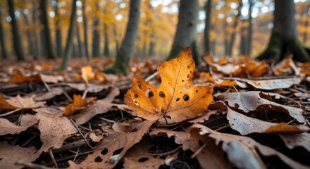 Poster - autumn forest ground covered with fallen orange and brown leaves selective focus on single leaf in f