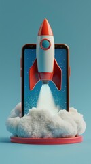 Poster - A dynamic image showcasing a vibrant rocket taking off from a smartphone with clouds, symbolizing the merging of imagination and technology in a whimsical way.