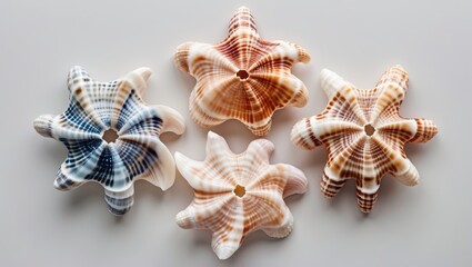 Poster - close-up of four decorative starfish shells arranged on a light background with contrasting colors a