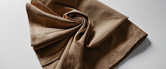 Poster - Brown textured fabric arranged in a spiral on a white background with ample Copy Space for text placement